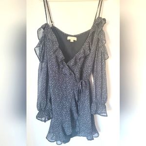 Honey Punch Mini Dress Blue V-Neck Long Sheer Sleeve Small